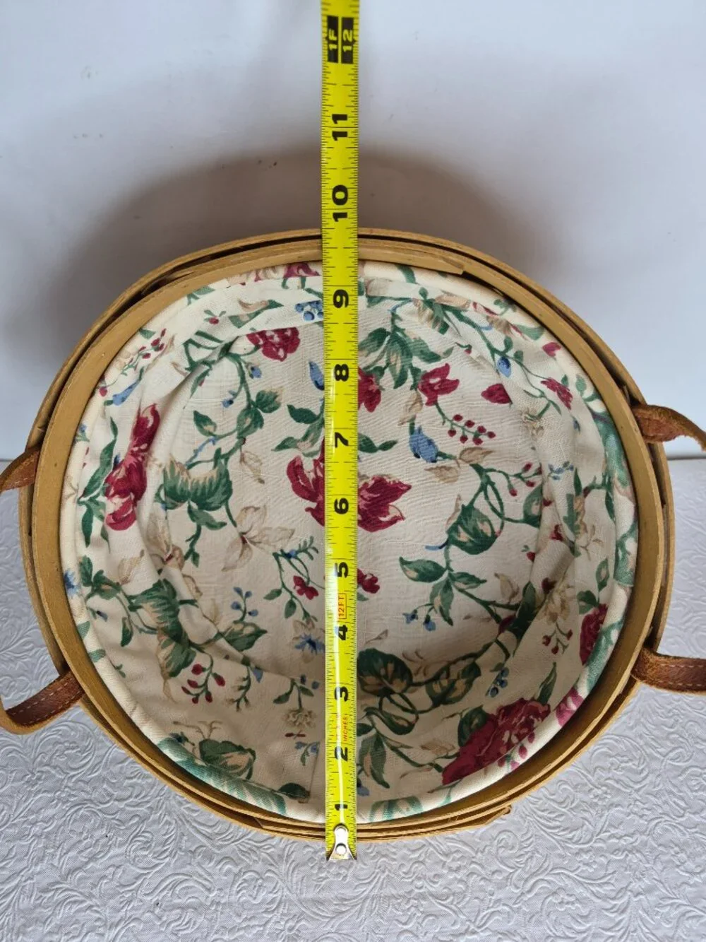 Vtg Longaberger Handmade Fabric Lined Button Wicker Basket Insert Leather Handle